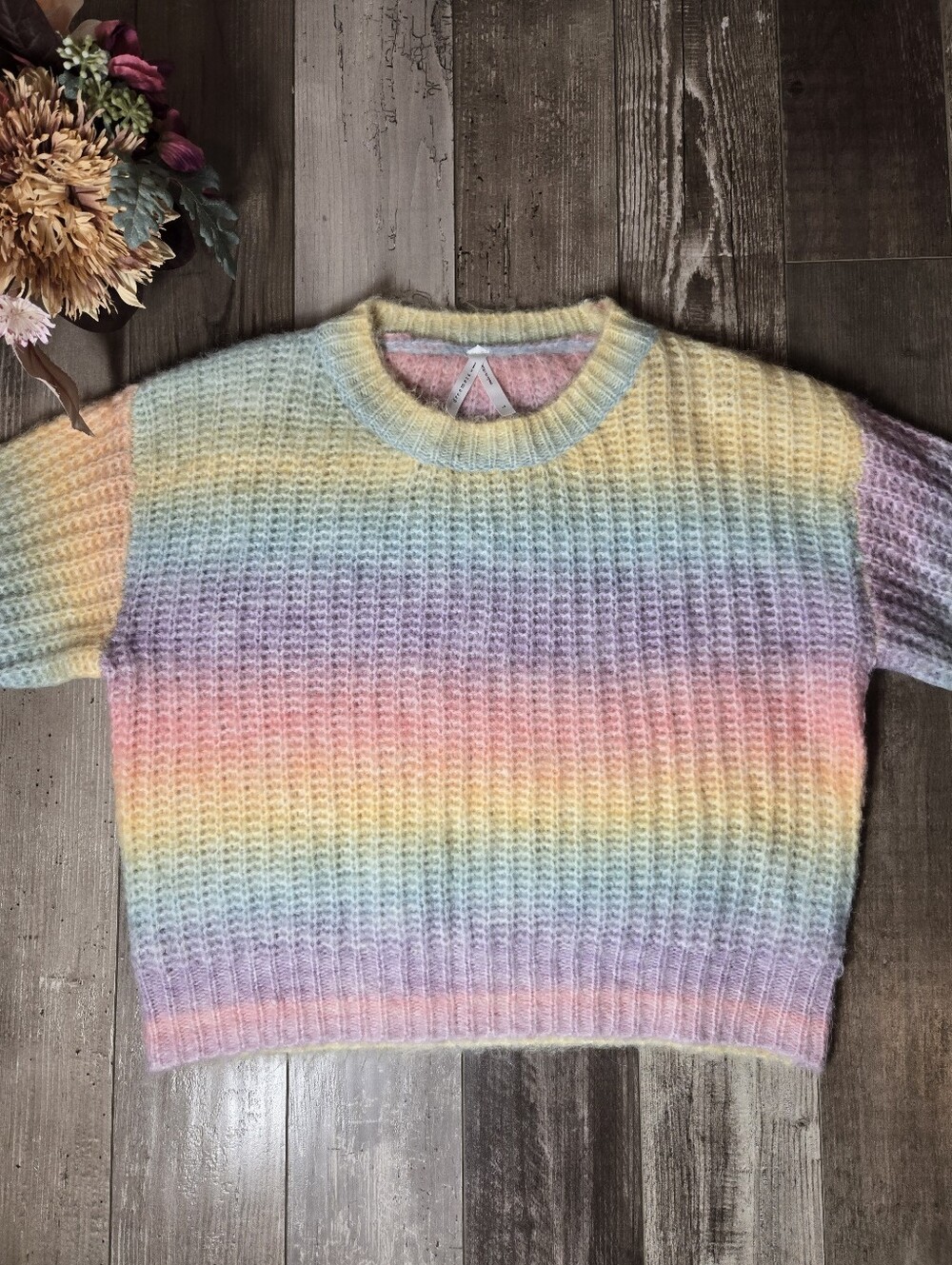 Dreamers by Debut Juniors Large Pastel Rainbow Stripe Fuzzy Knit Sweater